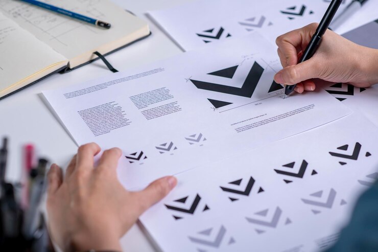 Diseñador gráfico trabajando en bocetos de logotipo, creación de marca y branding profesional.